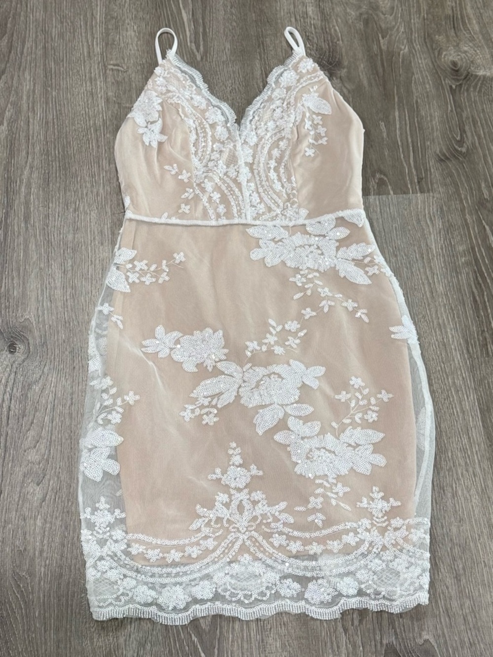 Light dress Nude underneath Dress with White Floral Appliqué size medium